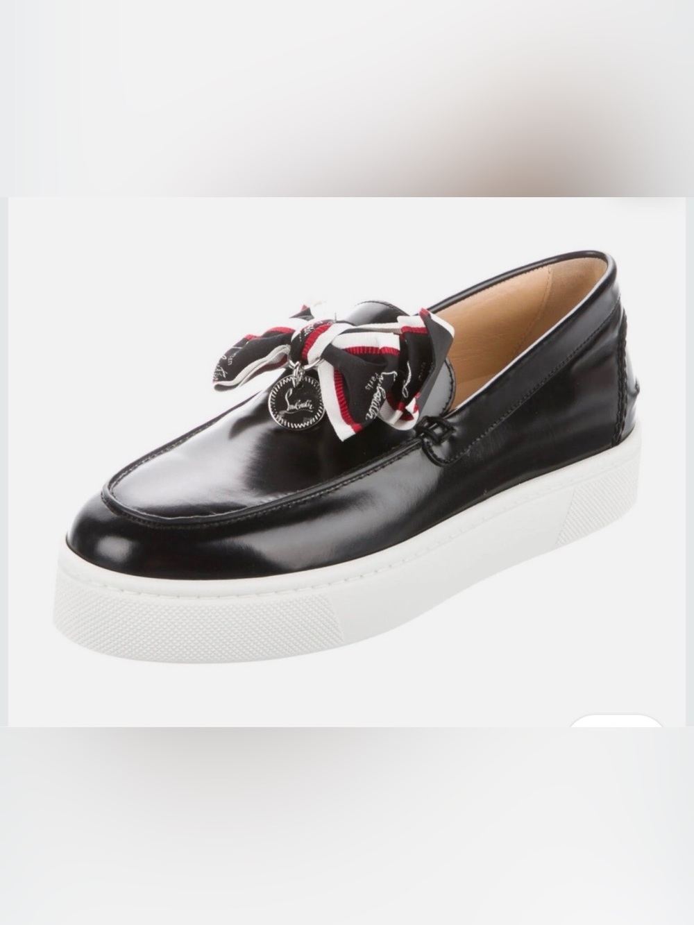 Christian Louboutin Black Leather Slip-On Loafer with Red, White & Black Bow